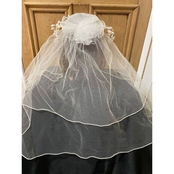 Vintage 2 Tier Viel Bridal Wedding Lace Tulle Tiered Pearls Headband main image 4